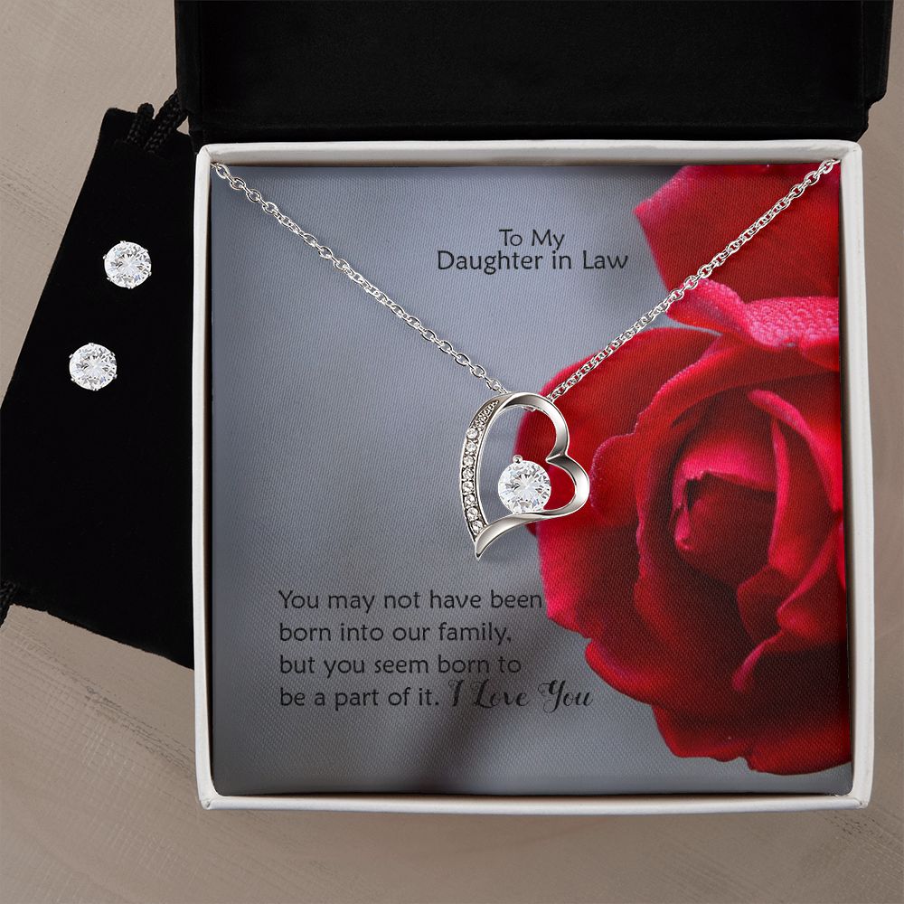 To My Daughter in Law, You May Not Have Been Born Into Our Family, But You Seem Born To Be A Part of It - Forever Love Necklace & Clear CZ Earrings - Gift for Daughter in Law