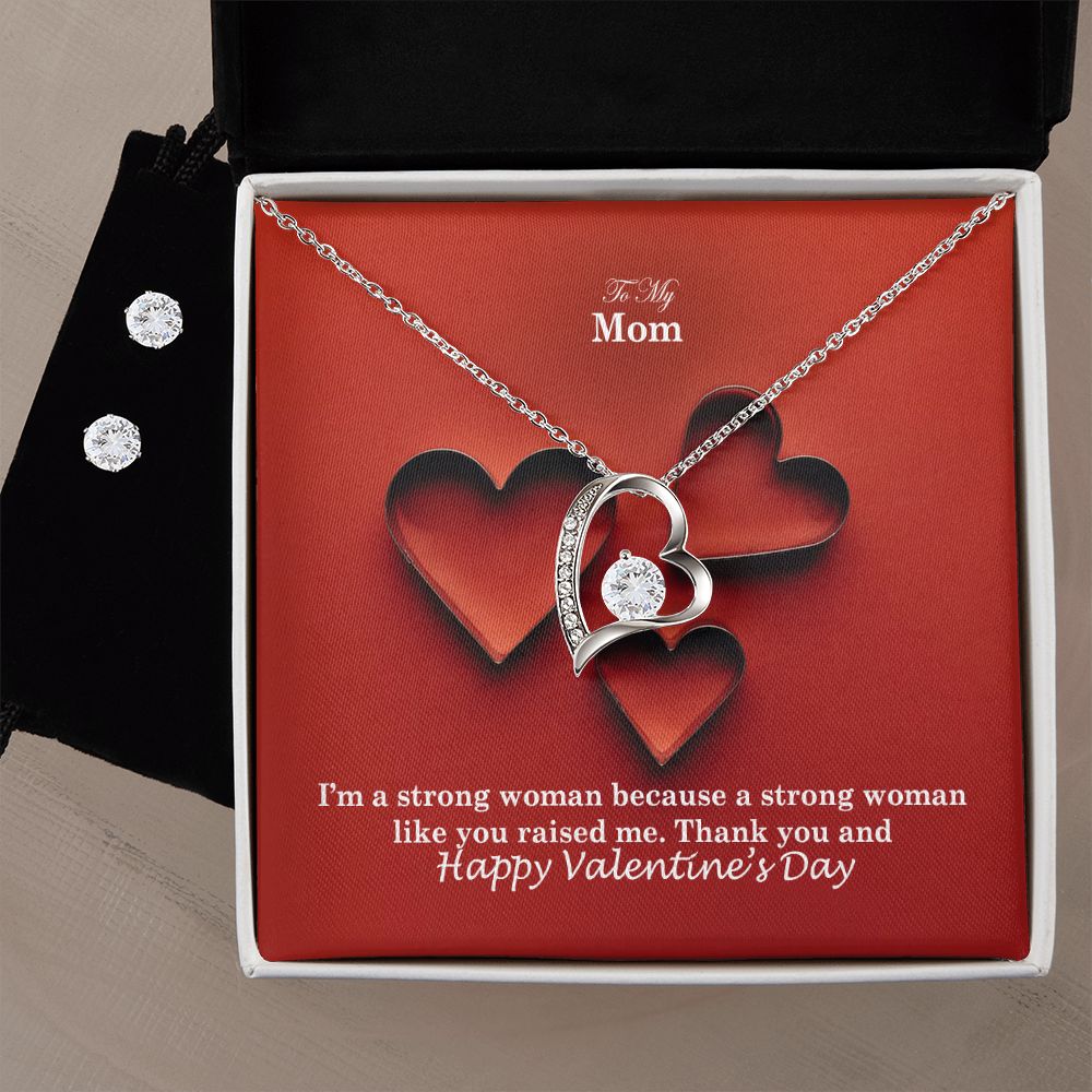 To My Mom, Thank You & Happy Valentine's Day - Forever Love Necklace & Clear CZ Earrings - Gift for Mom