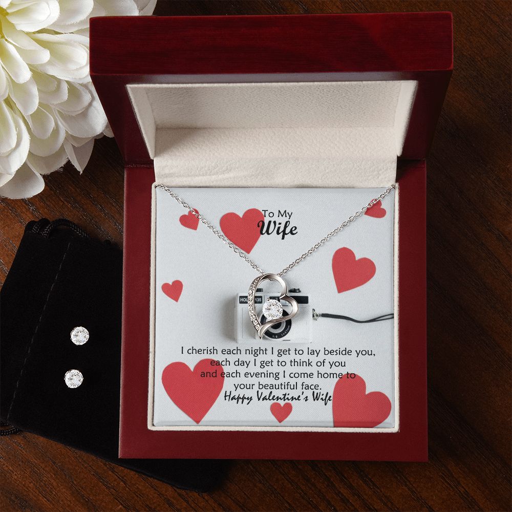 To My Wife, I Come Home To Your Beautiful Face - Forever Love Necklace & Clear CZ Earrings - Gift for Wife