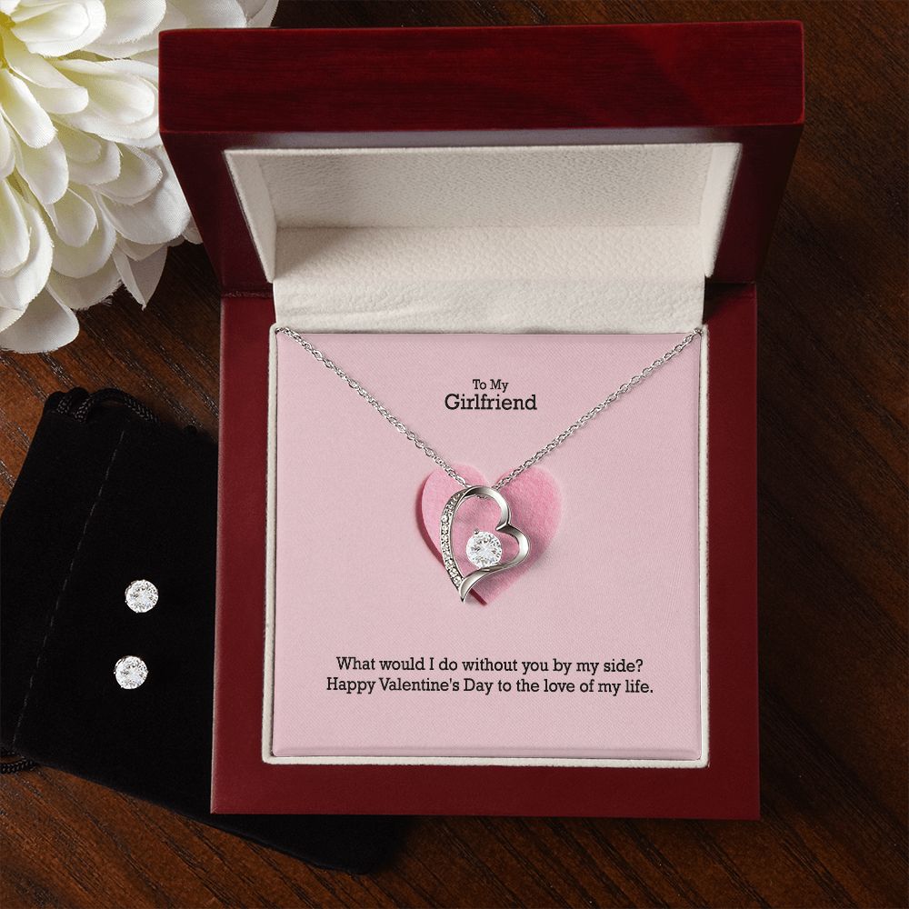 To My Girlfriend, Happy Valentine's To The Love Of My Life - Forever Love Necklace & Clear CZ Earrings - Gift for Girlfriend