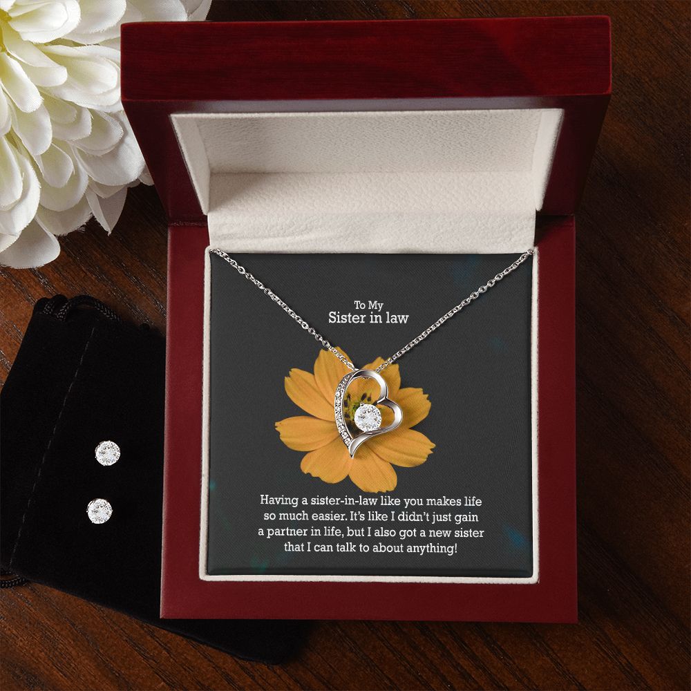 To My Sister in law, I Got A New Sister That I Can Talk To About Anything! - Forever Love Necklace & Clear CZ Earrings - Gift for Sister in Law