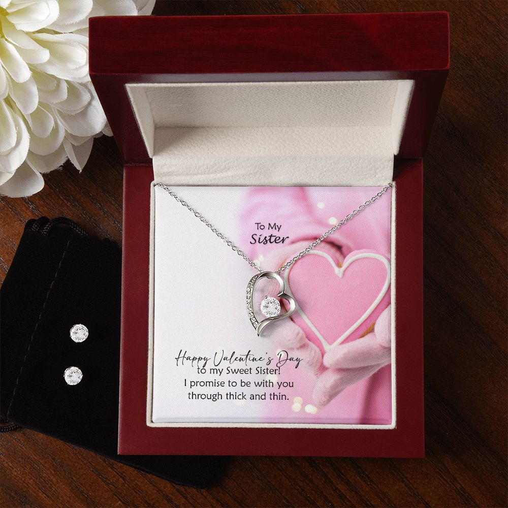 To My Sister, Happy Valentine's Day To My Sweet Sister - Forever Love Necklace & Clear CZ Earrings - Gift for Sister