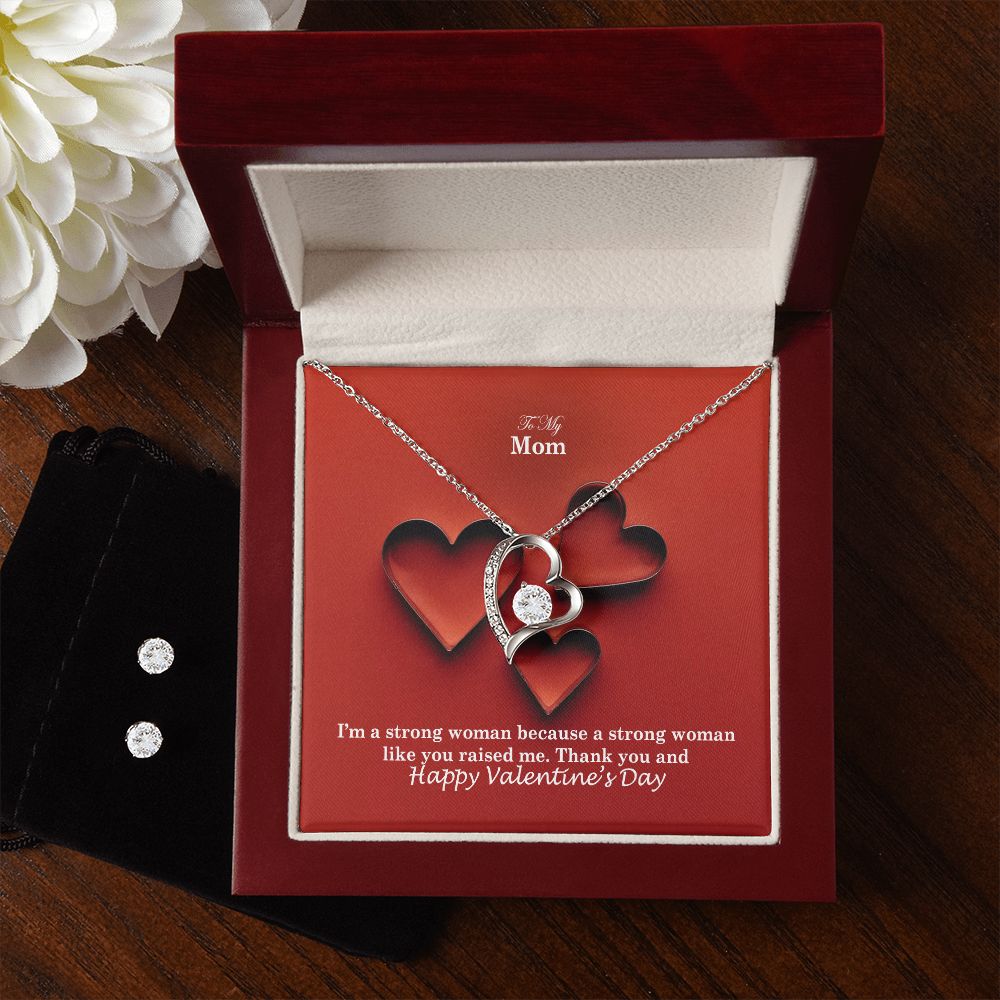 To My Mom, Thank You & Happy Valentine's Day - Forever Love Necklace & Clear CZ Earrings - Gift for Mom