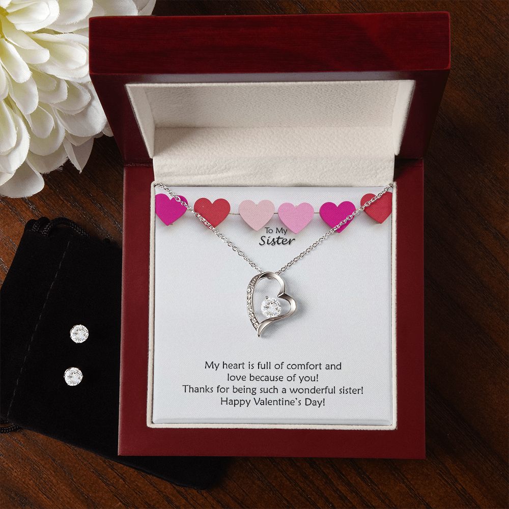 To My Sister, Thanks For Being Such A Wonderful Sister Happy Valentine's Day - Forever Love Necklace & Clear CZ Earrings - Gift for Sister