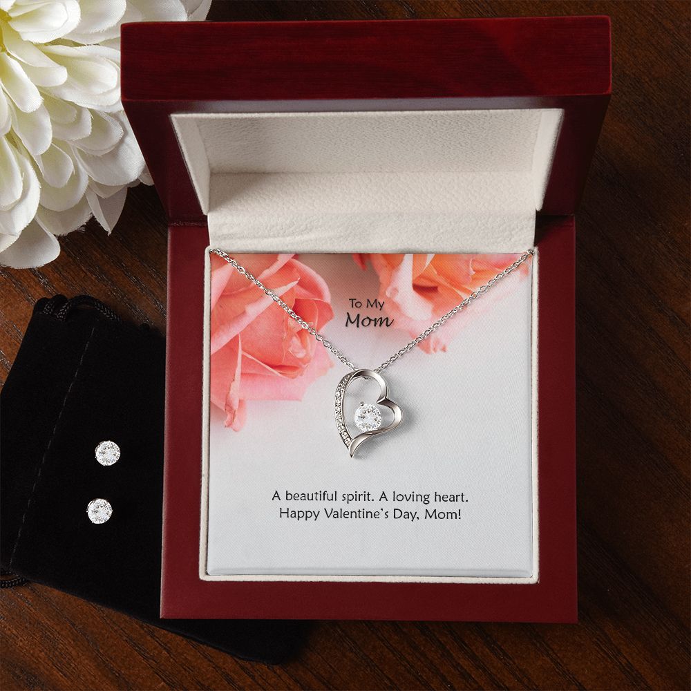 To My Mom, A Beautiful Spirit, A Loving Heart - Forever Love Necklace & Clear CZ Earrings - Gift for Mom