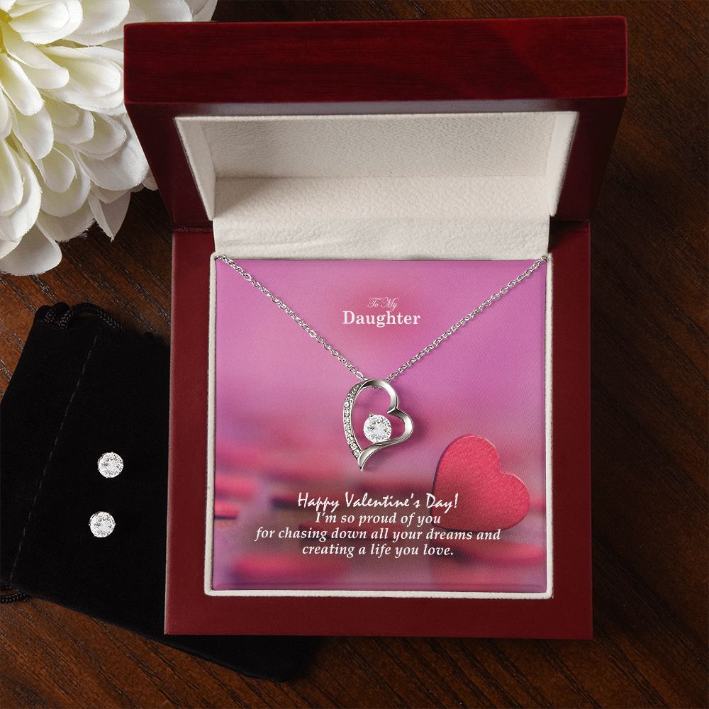 To My Daughter, Happy Valentine's Day I'm So Proud Of You - Forever Love Necklace & Clear CZ Earrings - Gift for Daughter