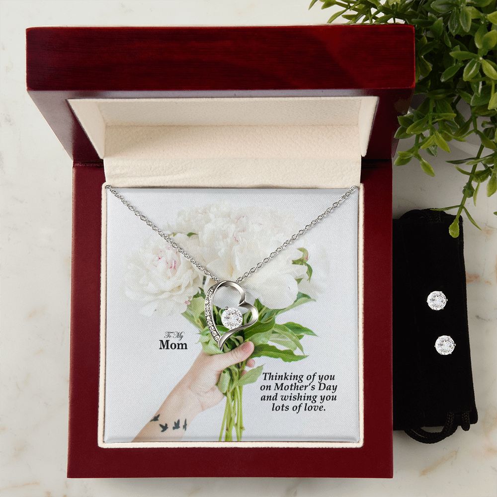 Thinking Of You On Mother's Day & Wishing You Lots Of Love - Forever Love Necklace & Clear CZ Earrings - Gift for Mom