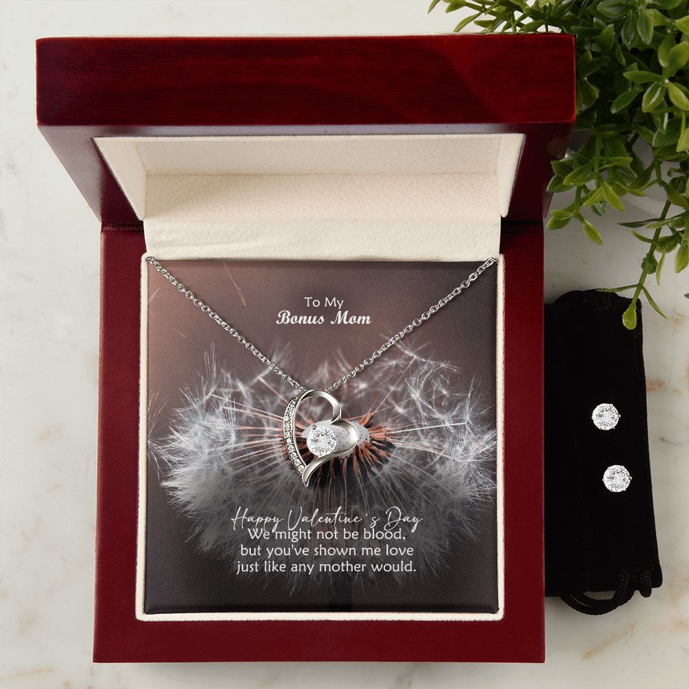 To My Bonus Mom, We Might Not Be Blood, But You've Shown Me Love - Forever Love Necklace & Clear CZ Earrings - Gift for Mom