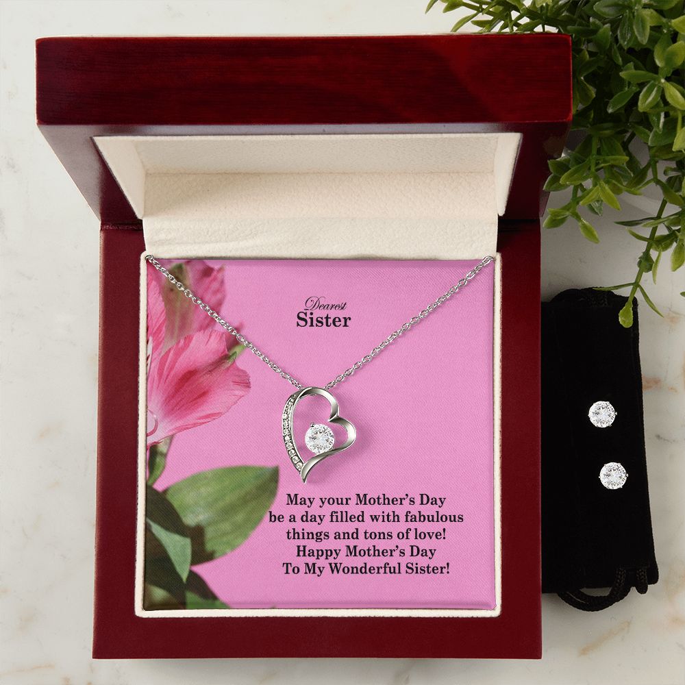 May Your Mother's Day Be A Day Filled With Fabulous Things & Tons Of Love! - Happy Mother's Day - Forever Love Necklace & Clear CZ Earrings - Gift for Sister