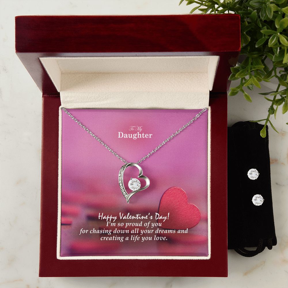To My Daughter, Happy Valentine's Day I'm So Proud Of You - Forever Love Necklace & Clear CZ Earrings - Gift for Daughter