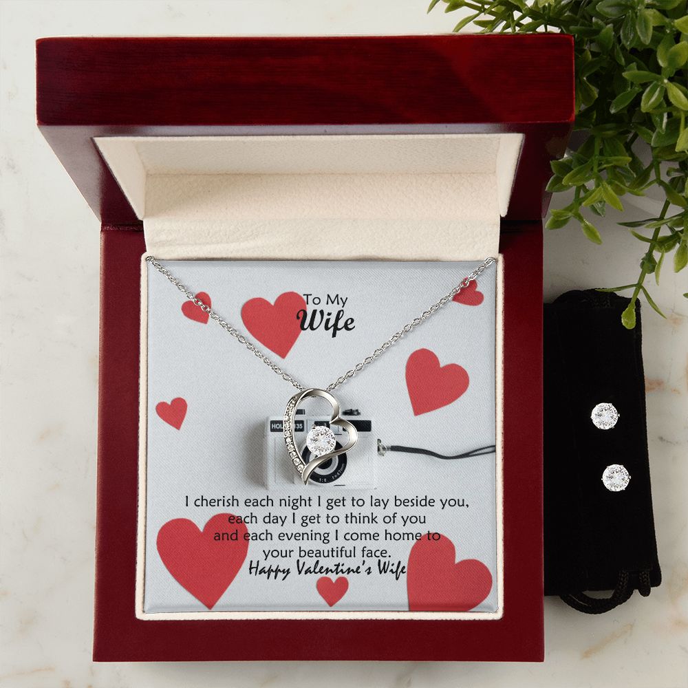 To My Wife, I Come Home To Your Beautiful Face - Forever Love Necklace & Clear CZ Earrings - Gift for Wife