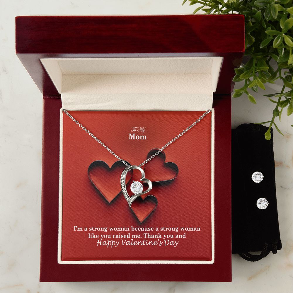 To My Mom, Thank You & Happy Valentine's Day - Forever Love Necklace & Clear CZ Earrings - Gift for Mom