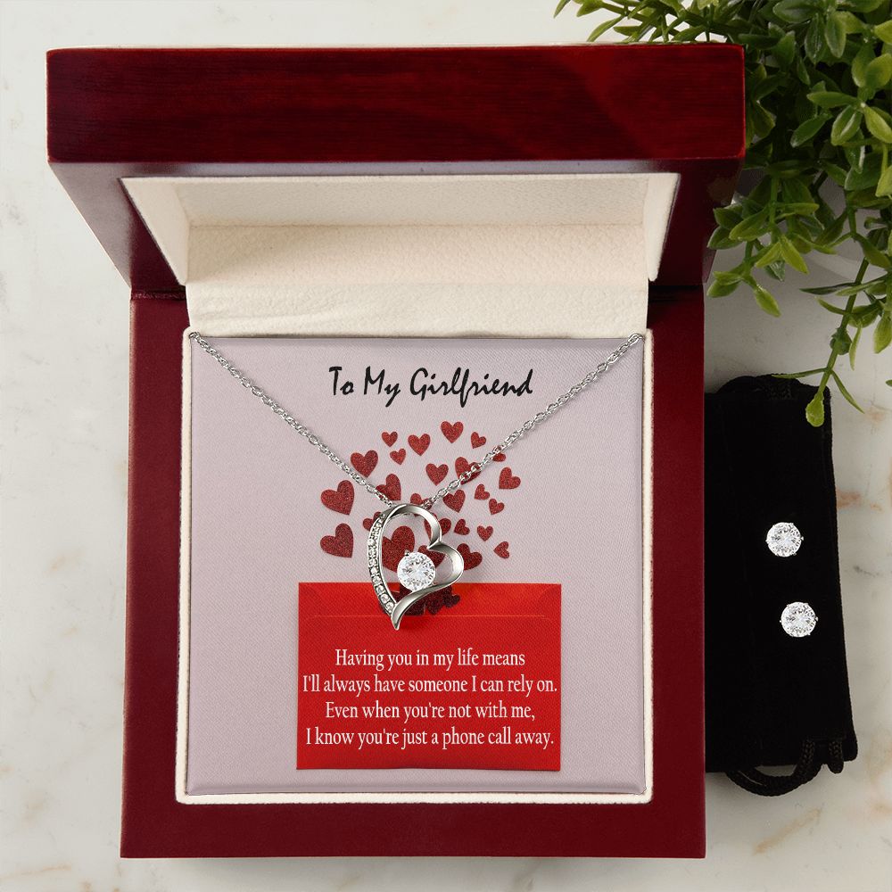 To My Girlfriend, Having You In My Life Means I'll Always Have Someone I Can Rely On - Forever Love Necklace & Clear CZ Earrings - Gift for Girlfriend