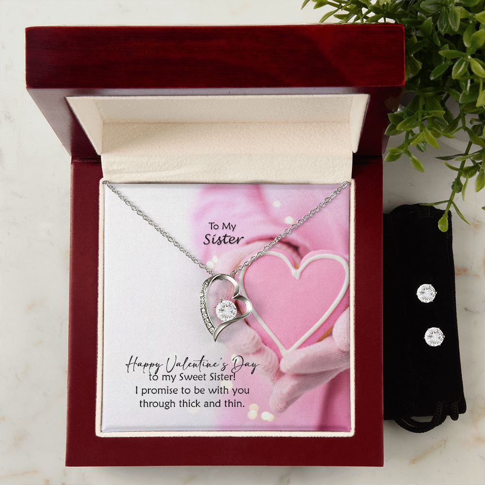 To My Sister, Happy Valentine's Day To My Sweet Sister - Forever Love Necklace & Clear CZ Earrings - Gift for Sister