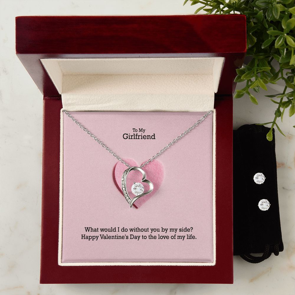 To My Girlfriend, Happy Valentine's To The Love Of My Life - Forever Love Necklace & Clear CZ Earrings - Gift for Girlfriend