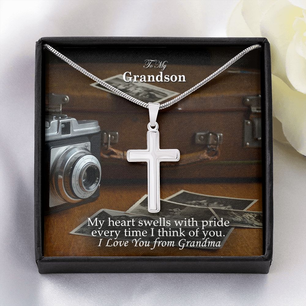 To My Grandson, My Heart Swells With Pride Every Time I Think of You - Stainless Cross Necklace - Gift for Grandson
