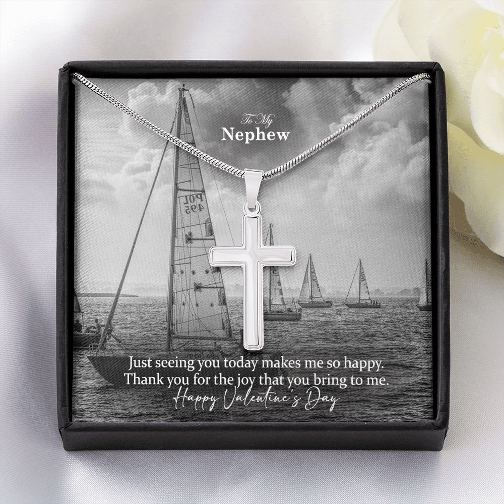To My Nephew, Thank You For The Joy That You Bring To Me - Happy Valentine's Day - Stainless Cross Necklace with Message Card - Gift for Nephew