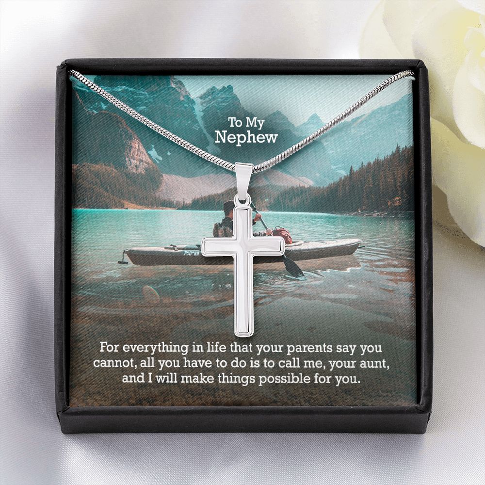 To My Nephew, Call Me, Your Aunt & I Will Make Things Possible For You - Stainless Cross Necklace with Message Card - Gift for Nephew