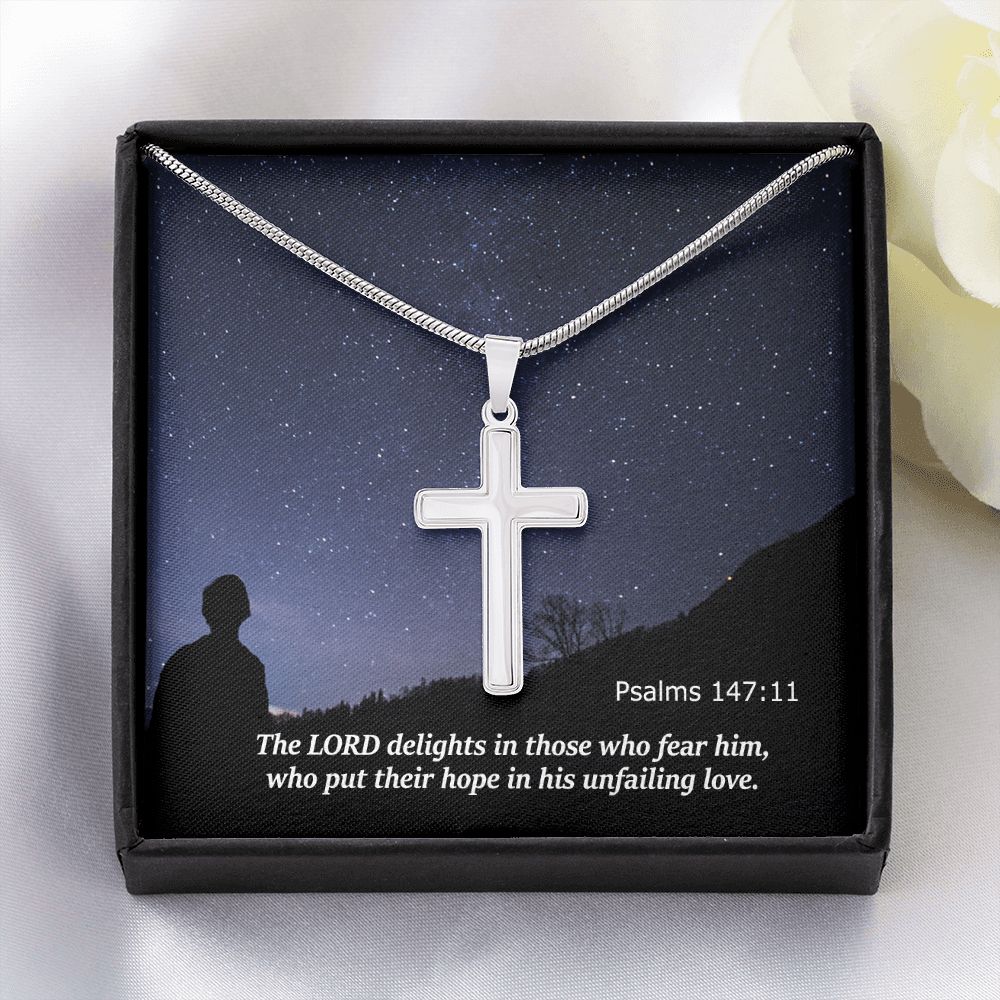 The LORD Delights In Those Who Fear Him - Stainless Cross Necklace with Message Card - Gift for Him