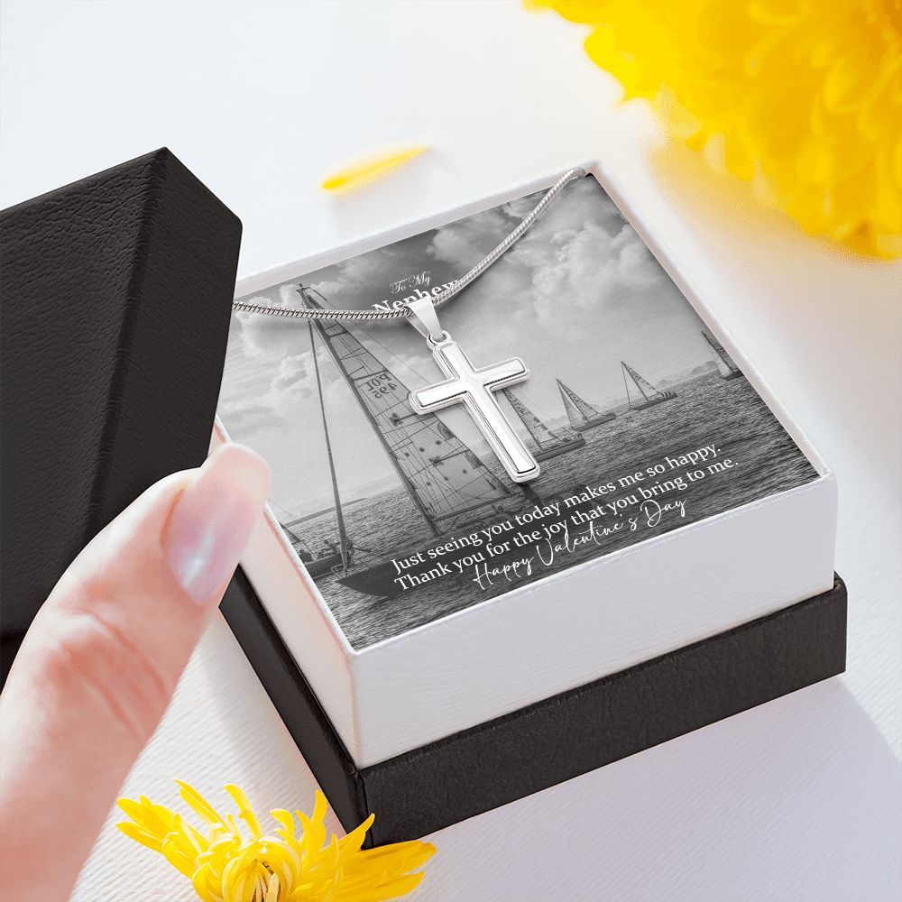 To My Nephew, Thank You For The Joy That You Bring To Me - Happy Valentine's Day - Stainless Cross Necklace with Message Card - Gift for Nephew