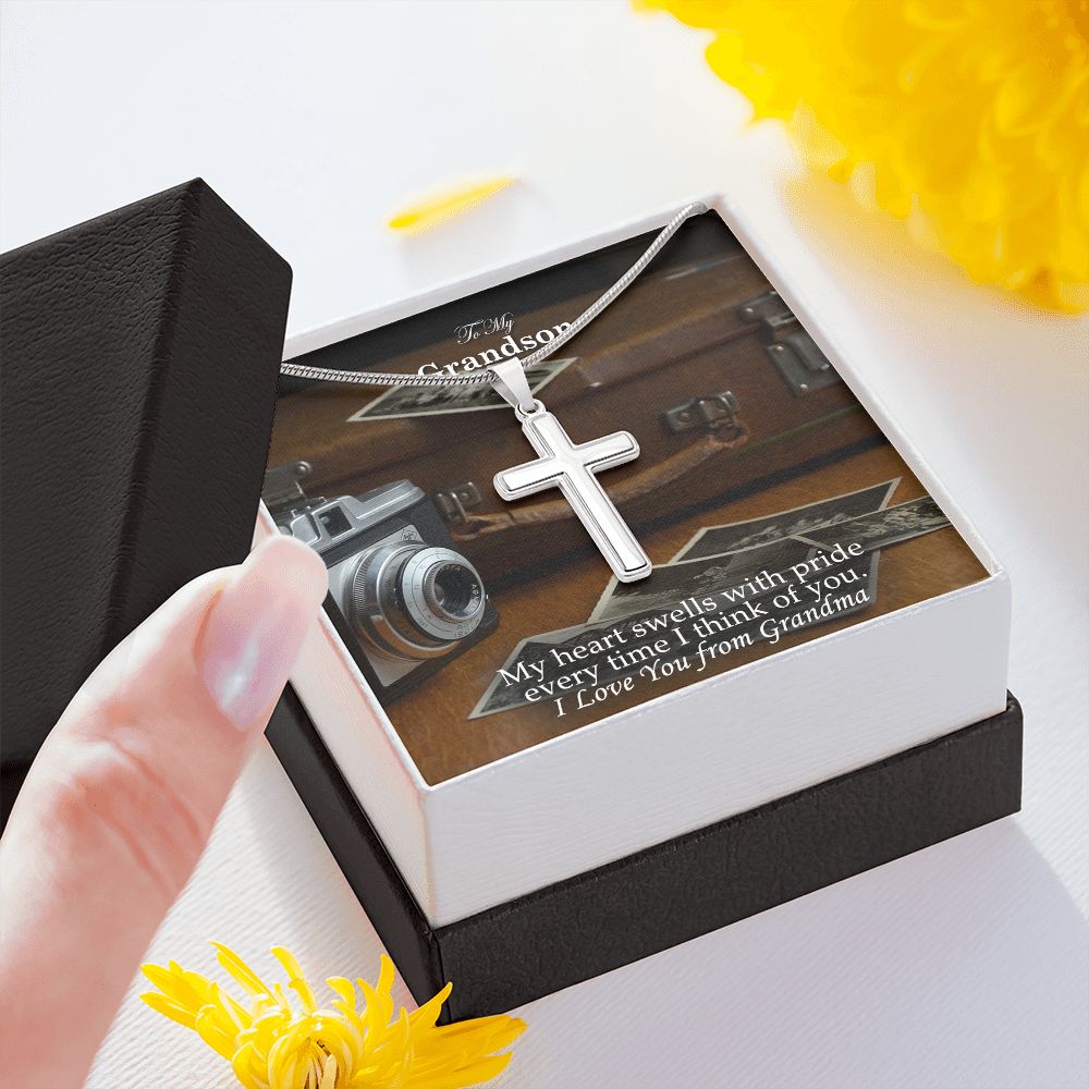 To My Grandson, My Heart Swells With Pride Every Time I Think of You - Stainless Cross Necklace - Gift for Grandson