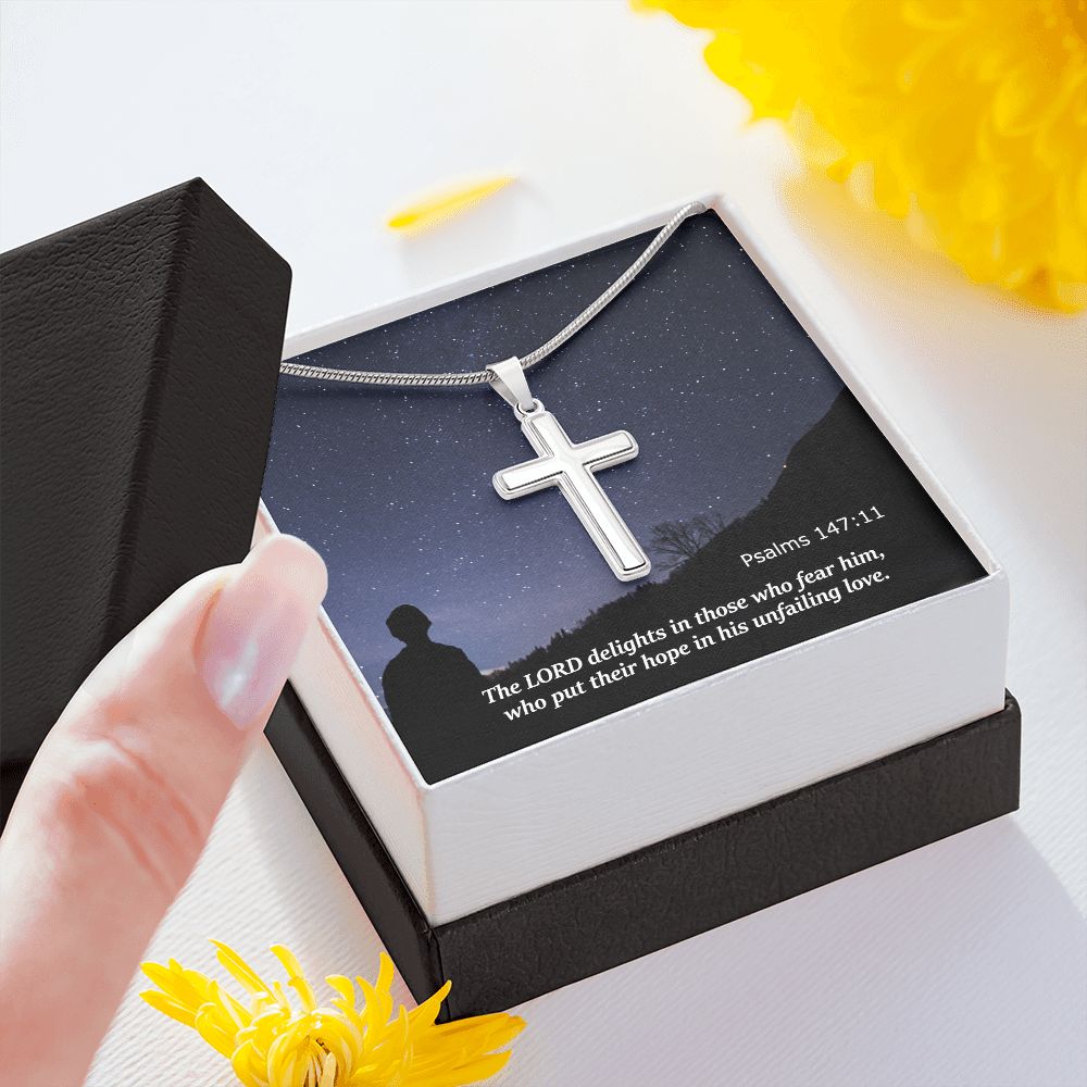 The LORD Delights In Those Who Fear Him - Stainless Cross Necklace with Message Card - Gift for Him
