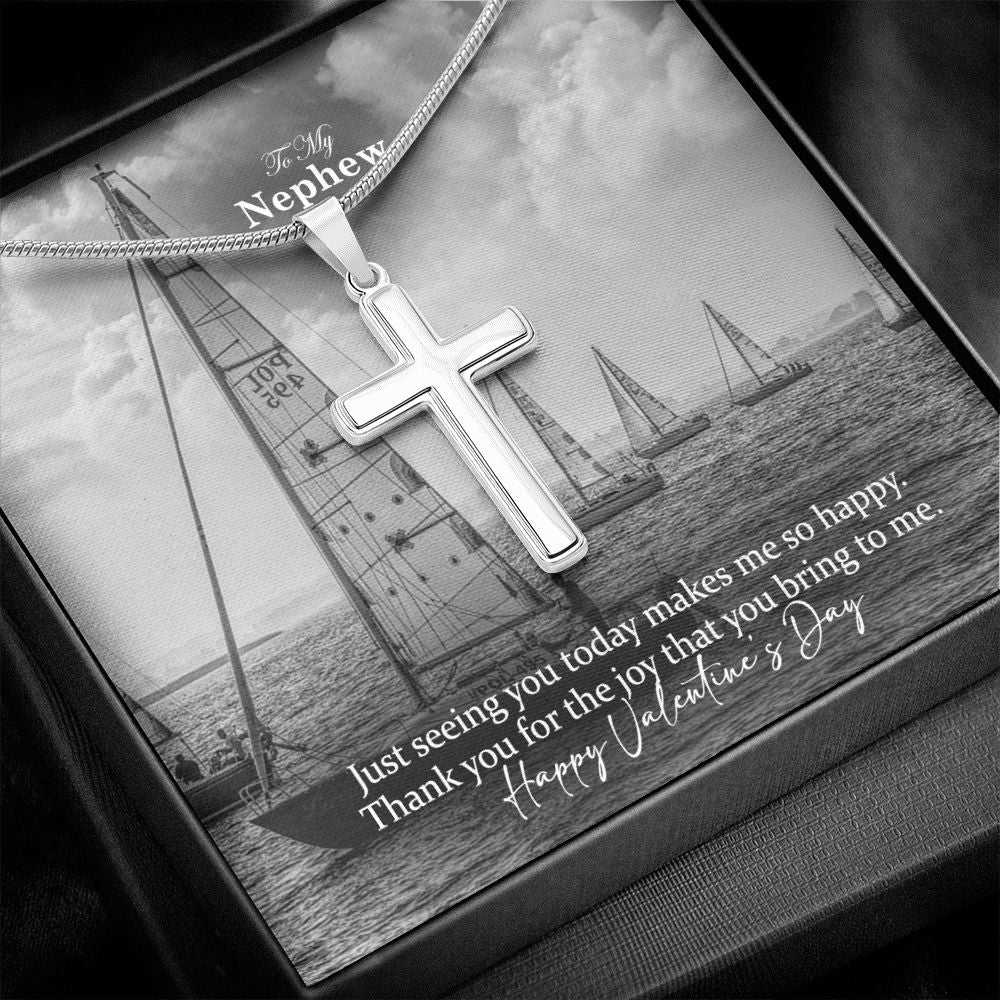 To My Nephew, Thank You For The Joy That You Bring To Me - Happy Valentine's Day - Stainless Cross Necklace with Message Card - Gift for Nephew