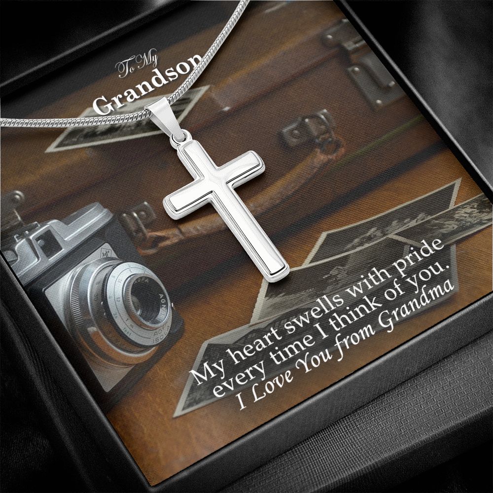 To My Grandson, My Heart Swells With Pride Every Time I Think of You - Stainless Cross Necklace - Gift for Grandson