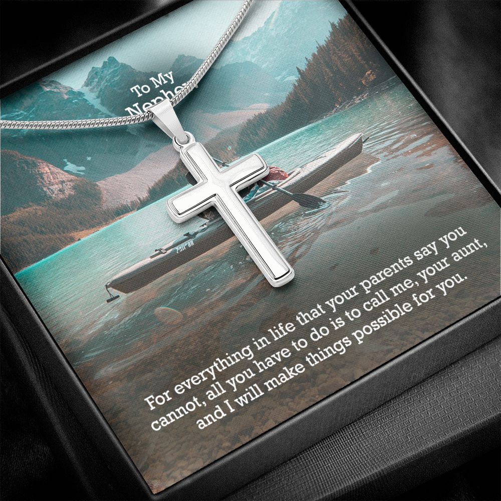 To My Nephew, Call Me, Your Aunt & I Will Make Things Possible For You - Stainless Cross Necklace with Message Card - Gift for Nephew