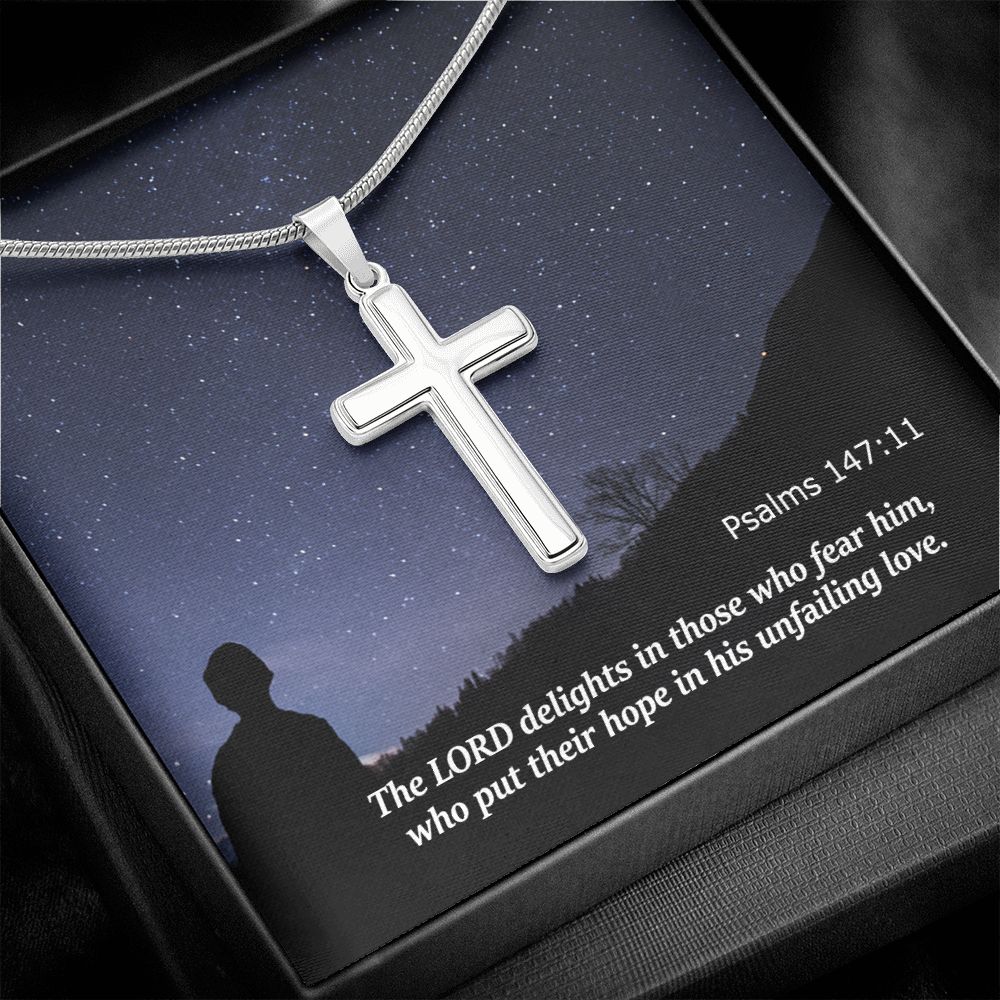 The LORD Delights In Those Who Fear Him - Stainless Cross Necklace with Message Card - Gift for Him
