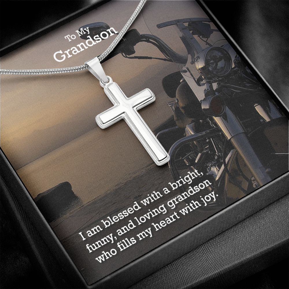 To My Grandson, I am Blessed With a Bright, Funny, And Loving Grandson - Stainless Cross Necklace - Gift for Grandson