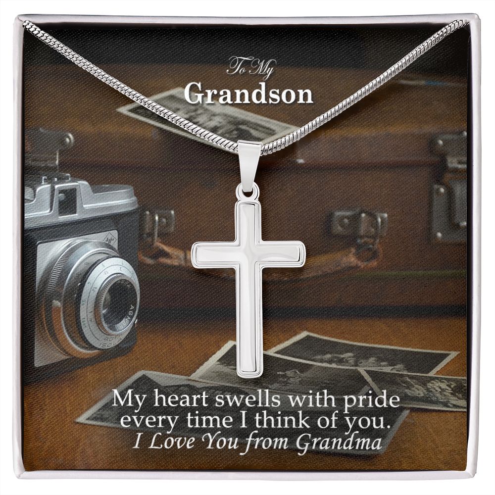 To My Grandson, My Heart Swells With Pride Every Time I Think of You - Stainless Cross Necklace - Gift for Grandson
