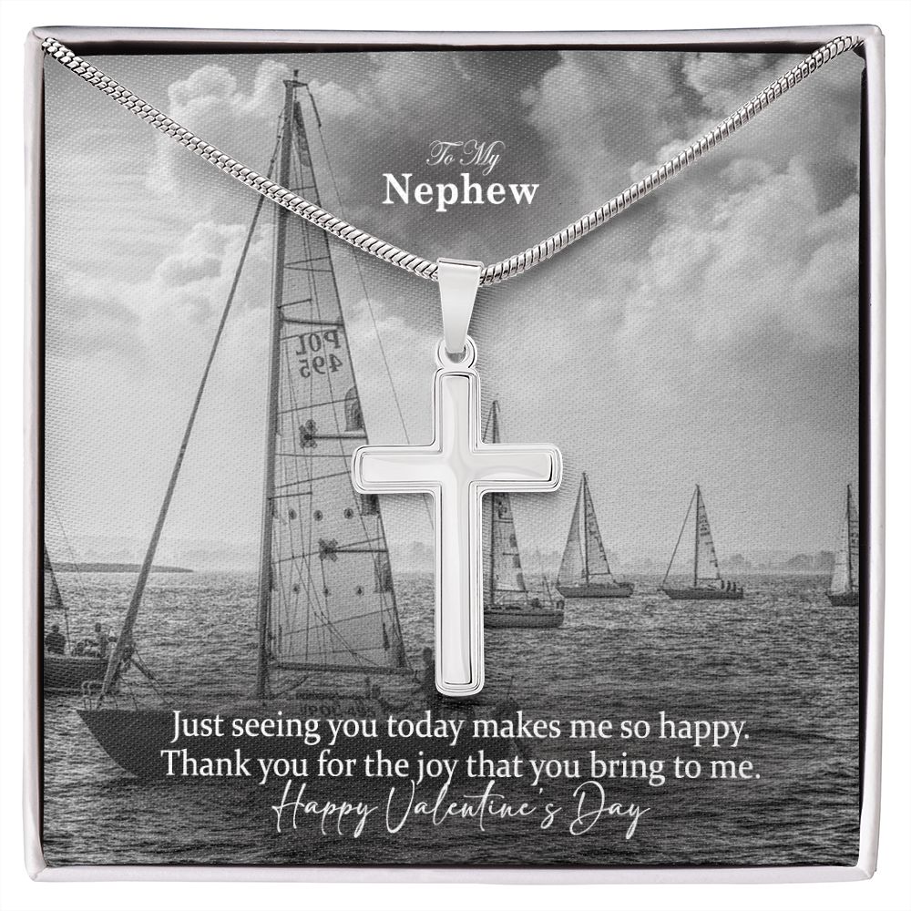 To My Nephew, Thank You For The Joy That You Bring To Me - Happy Valentine's Day - Stainless Cross Necklace with Message Card - Gift for Nephew