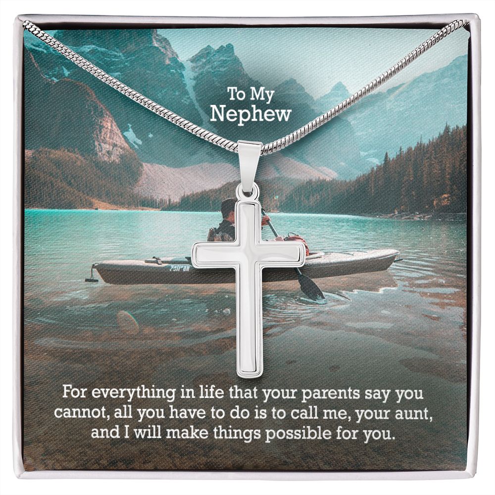 To My Nephew, Call Me, Your Aunt & I Will Make Things Possible For You - Stainless Cross Necklace with Message Card - Gift for Nephew