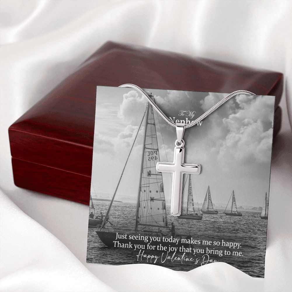 To My Nephew, Thank You For The Joy That You Bring To Me - Happy Valentine's Day - Stainless Cross Necklace with Message Card - Gift for Nephew
