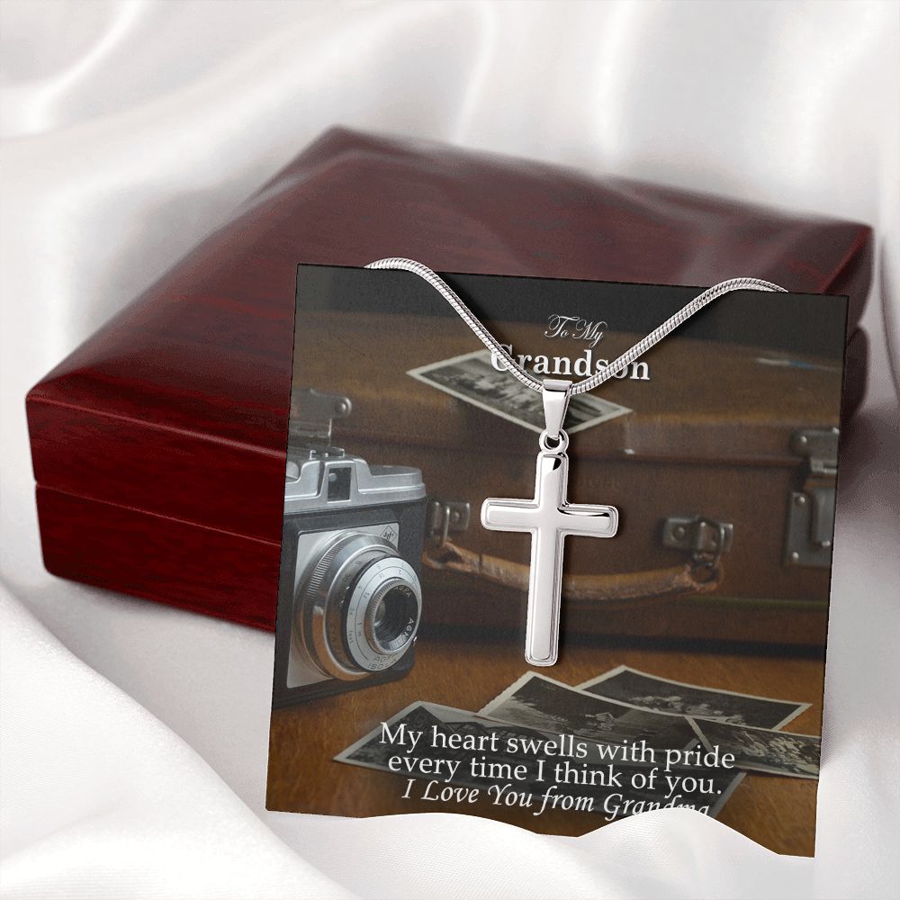 To My Grandson, My Heart Swells With Pride Every Time I Think of You - Stainless Cross Necklace - Gift for Grandson