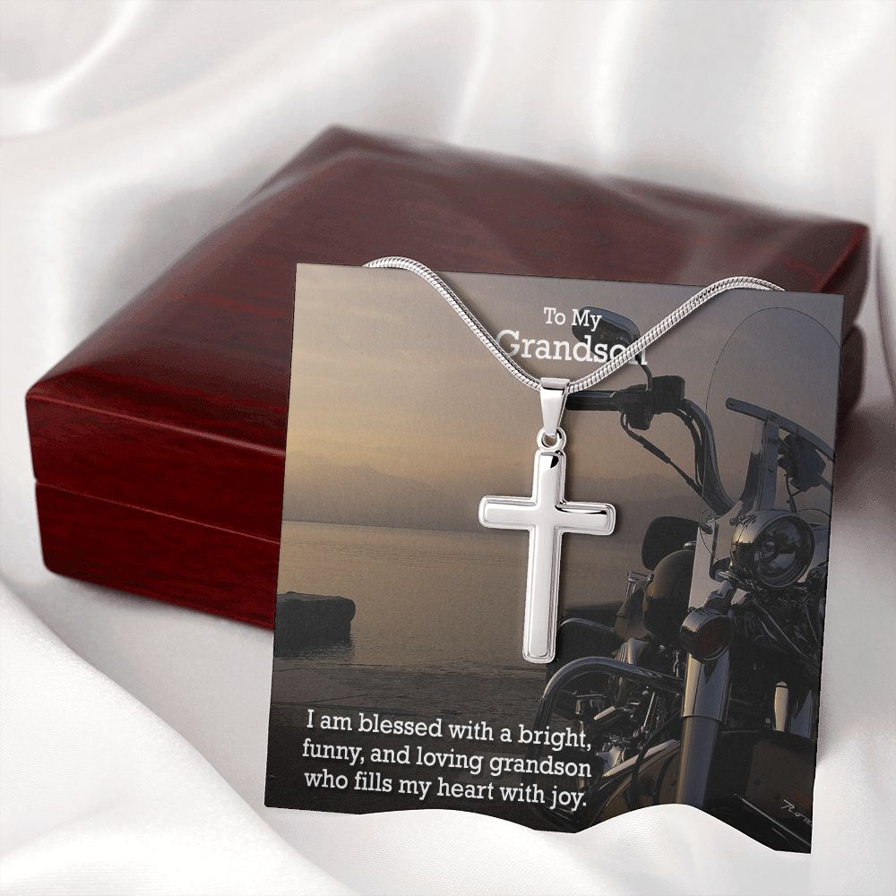 To My Grandson, I am Blessed With a Bright, Funny, And Loving Grandson - Stainless Cross Necklace - Gift for Grandson
