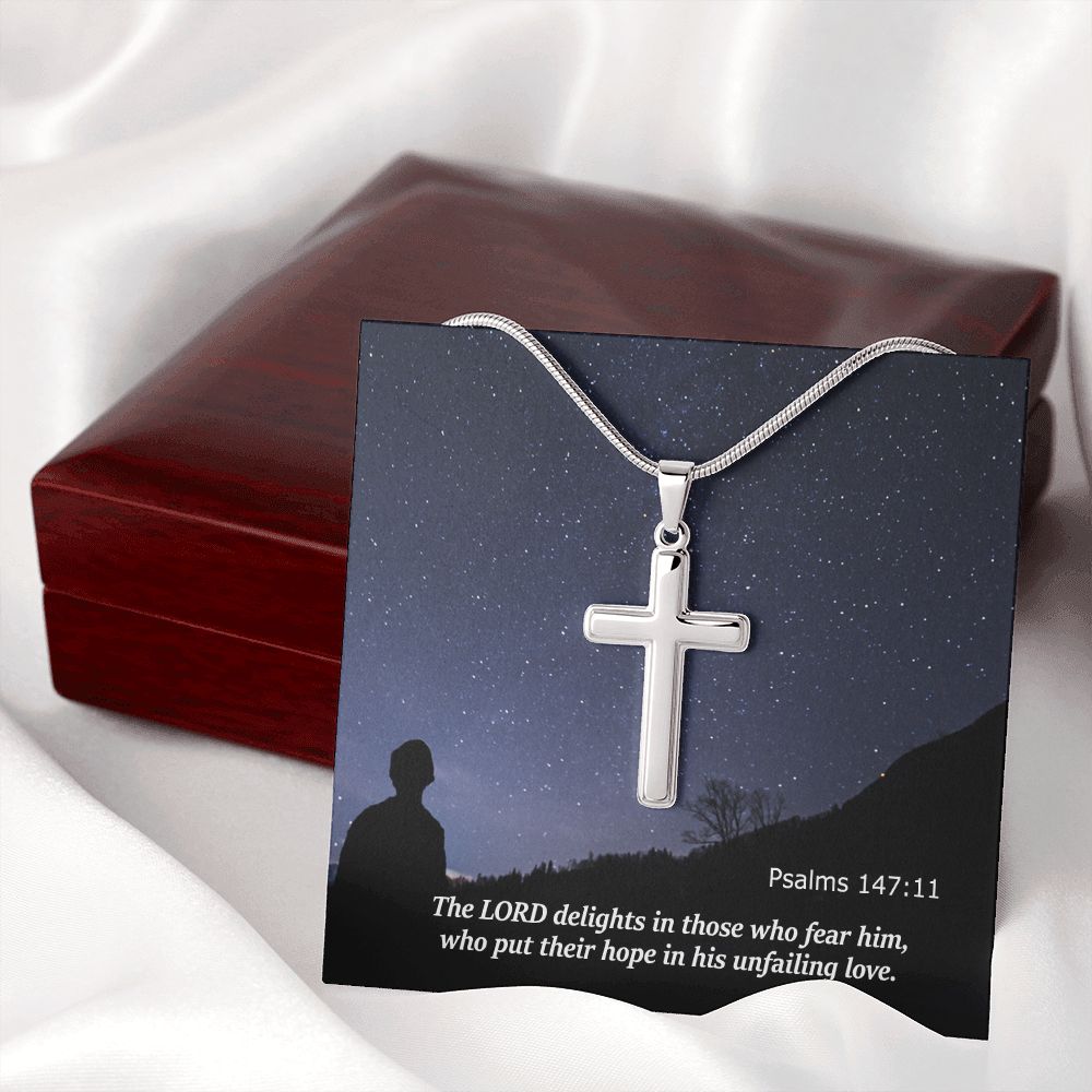 The LORD Delights In Those Who Fear Him - Stainless Cross Necklace with Message Card - Gift for Him