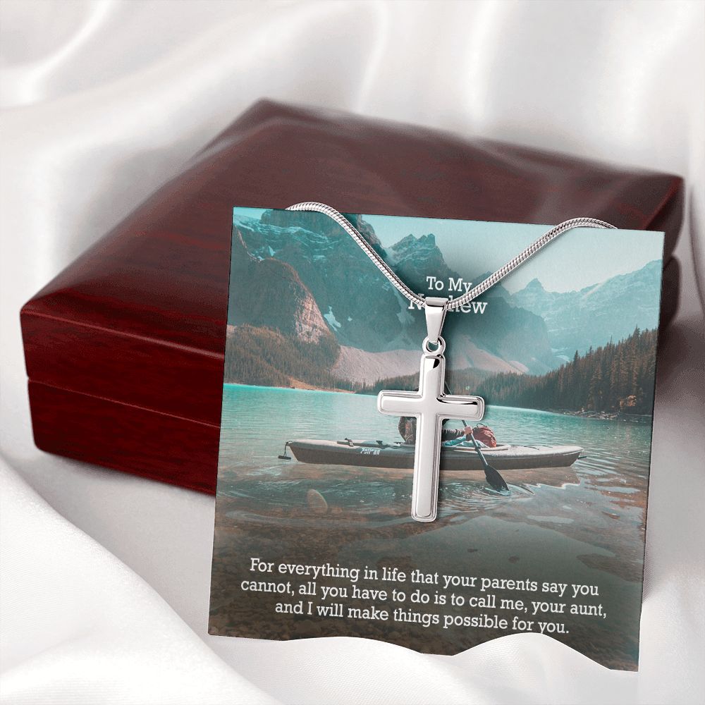 To My Nephew, Call Me, Your Aunt & I Will Make Things Possible For You - Stainless Cross Necklace with Message Card - Gift for Nephew