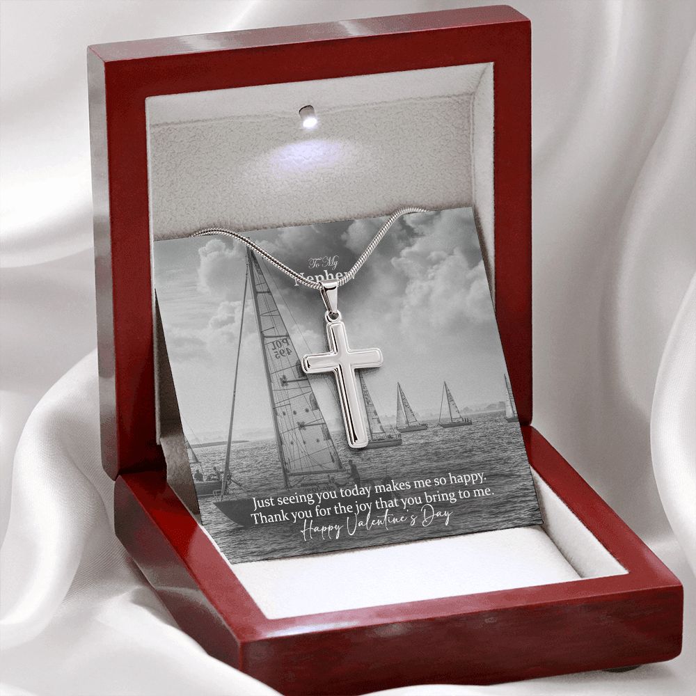 To My Nephew, Thank You For The Joy That You Bring To Me - Happy Valentine's Day - Stainless Cross Necklace with Message Card - Gift for Nephew