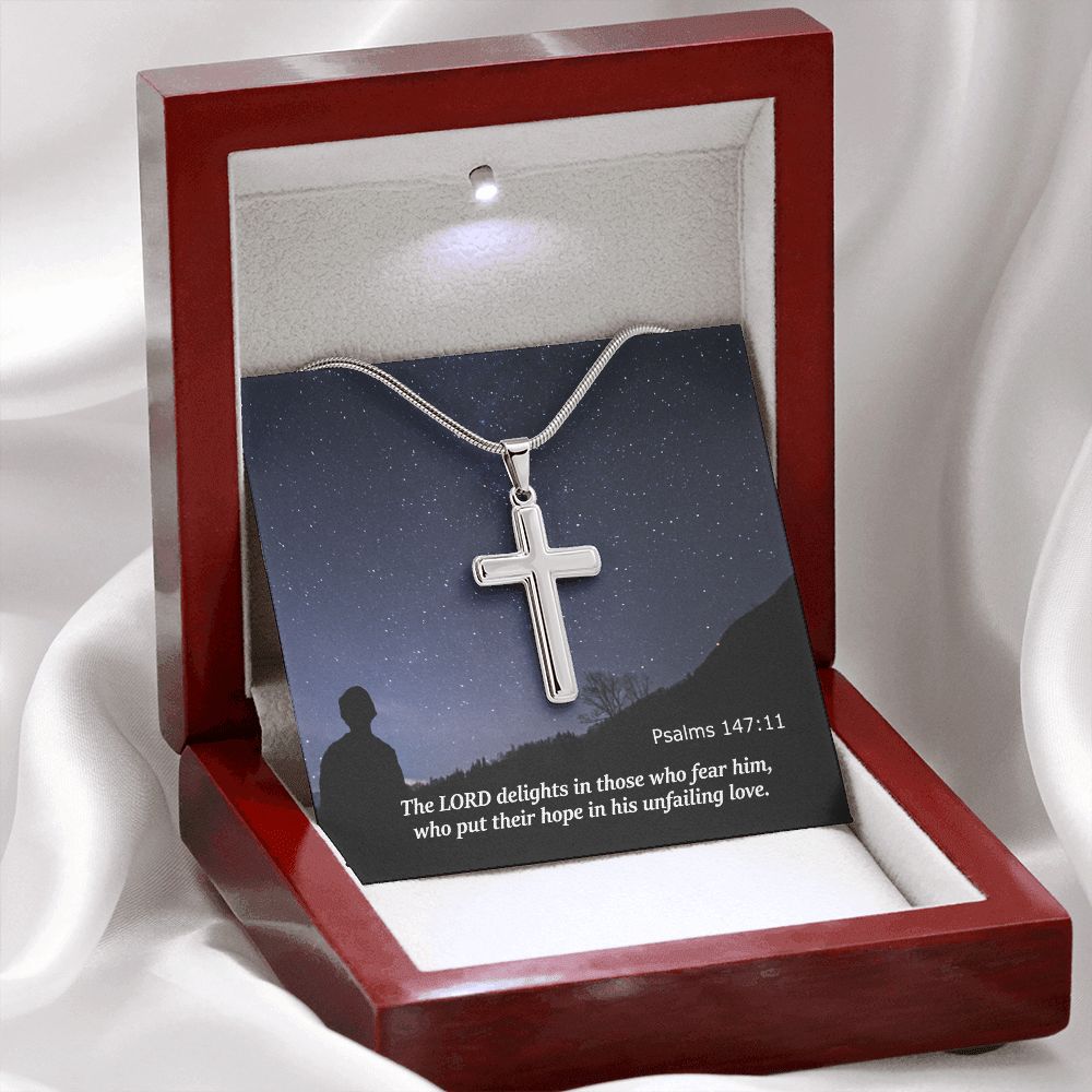 The LORD Delights In Those Who Fear Him - Stainless Cross Necklace with Message Card - Gift for Him