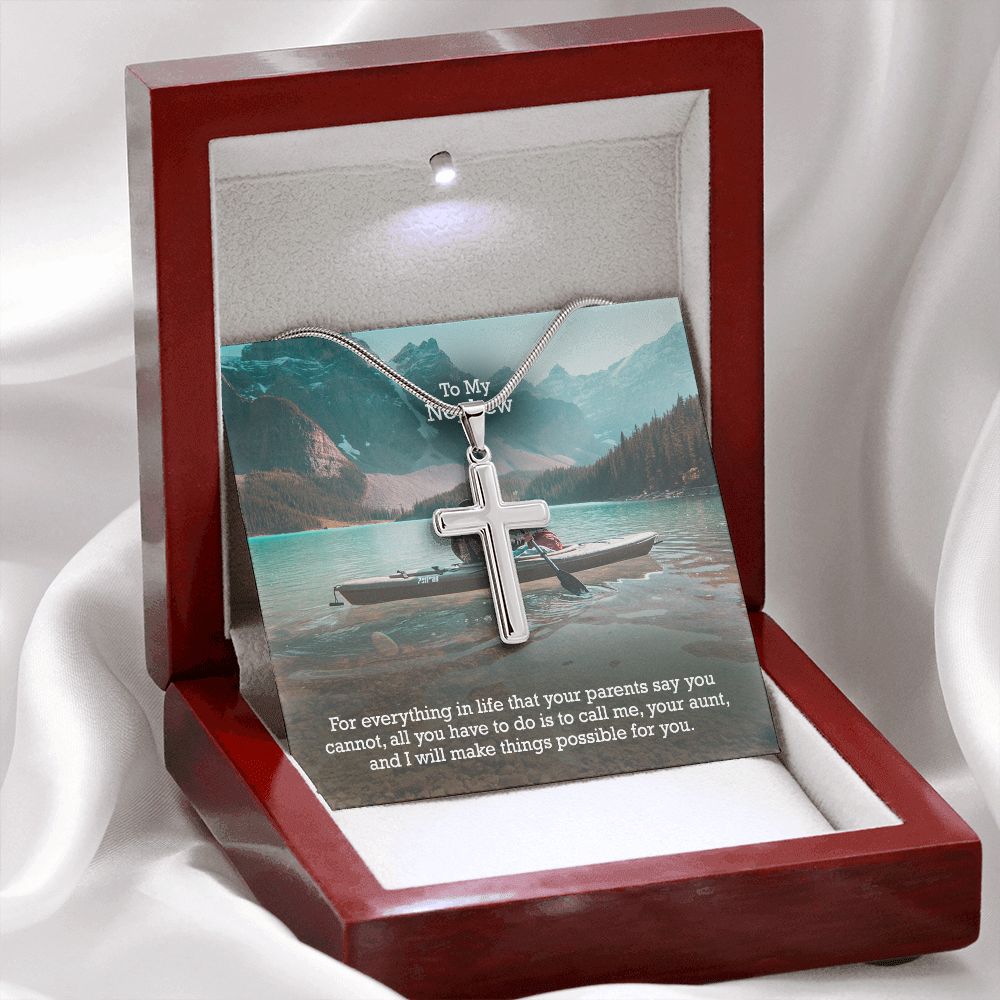 To My Nephew, Call Me, Your Aunt & I Will Make Things Possible For You - Stainless Cross Necklace with Message Card - Gift for Nephew