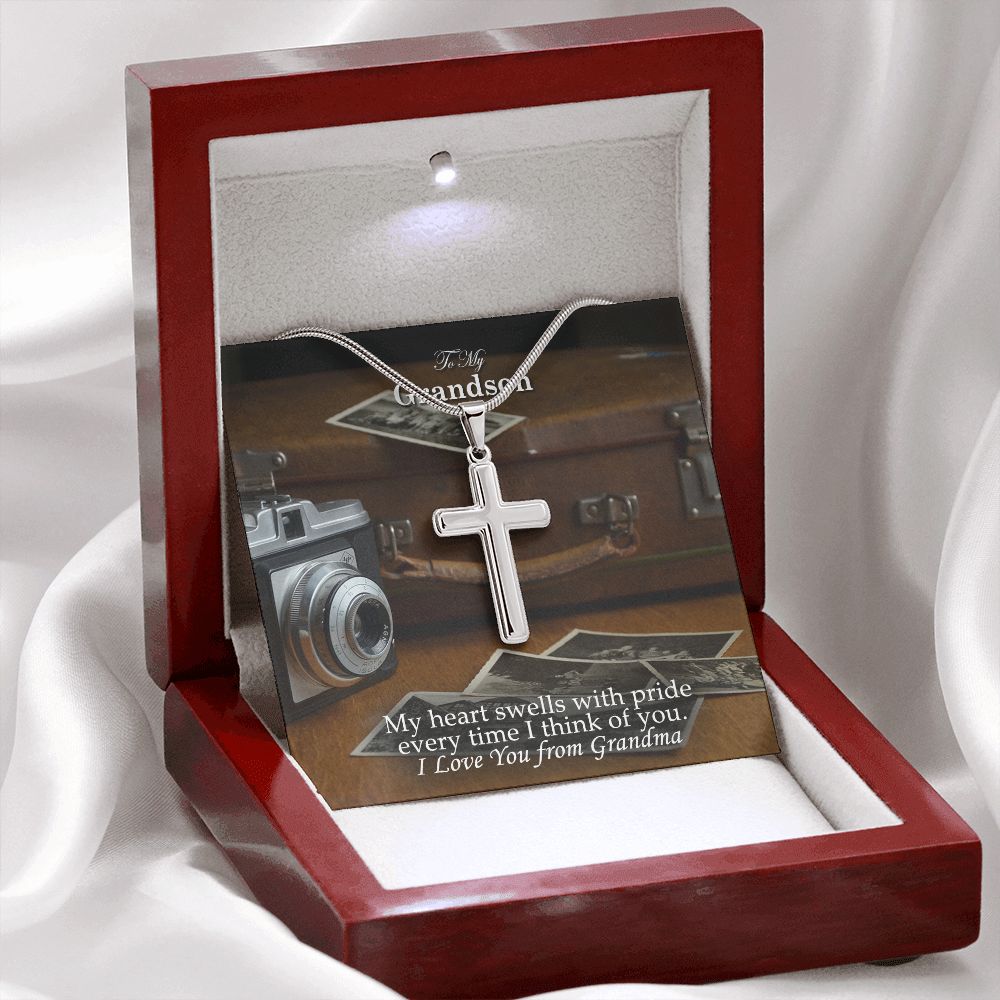 To My Grandson, My Heart Swells With Pride Every Time I Think of You - Stainless Cross Necklace - Gift for Grandson
