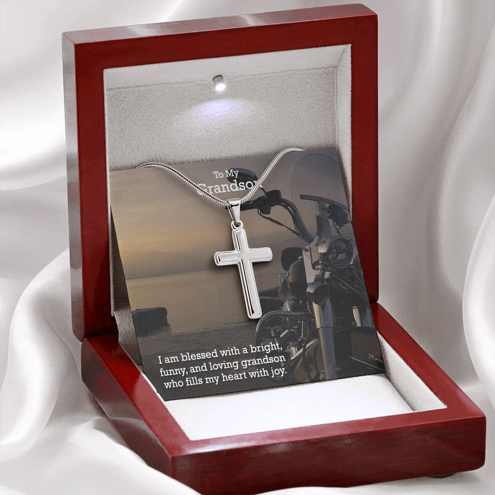 To My Grandson, I am Blessed With a Bright, Funny, And Loving Grandson - Stainless Cross Necklace - Gift for Grandson