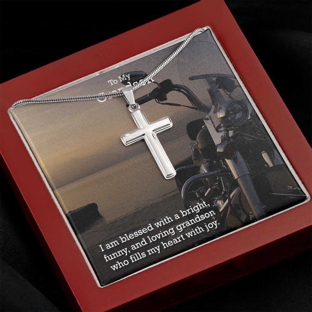 To My Grandson, I am Blessed With a Bright, Funny, And Loving Grandson - Stainless Cross Necklace - Gift for Grandson