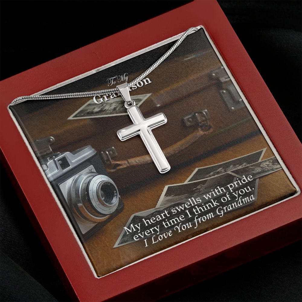 To My Grandson, My Heart Swells With Pride Every Time I Think of You - Stainless Cross Necklace - Gift for Grandson