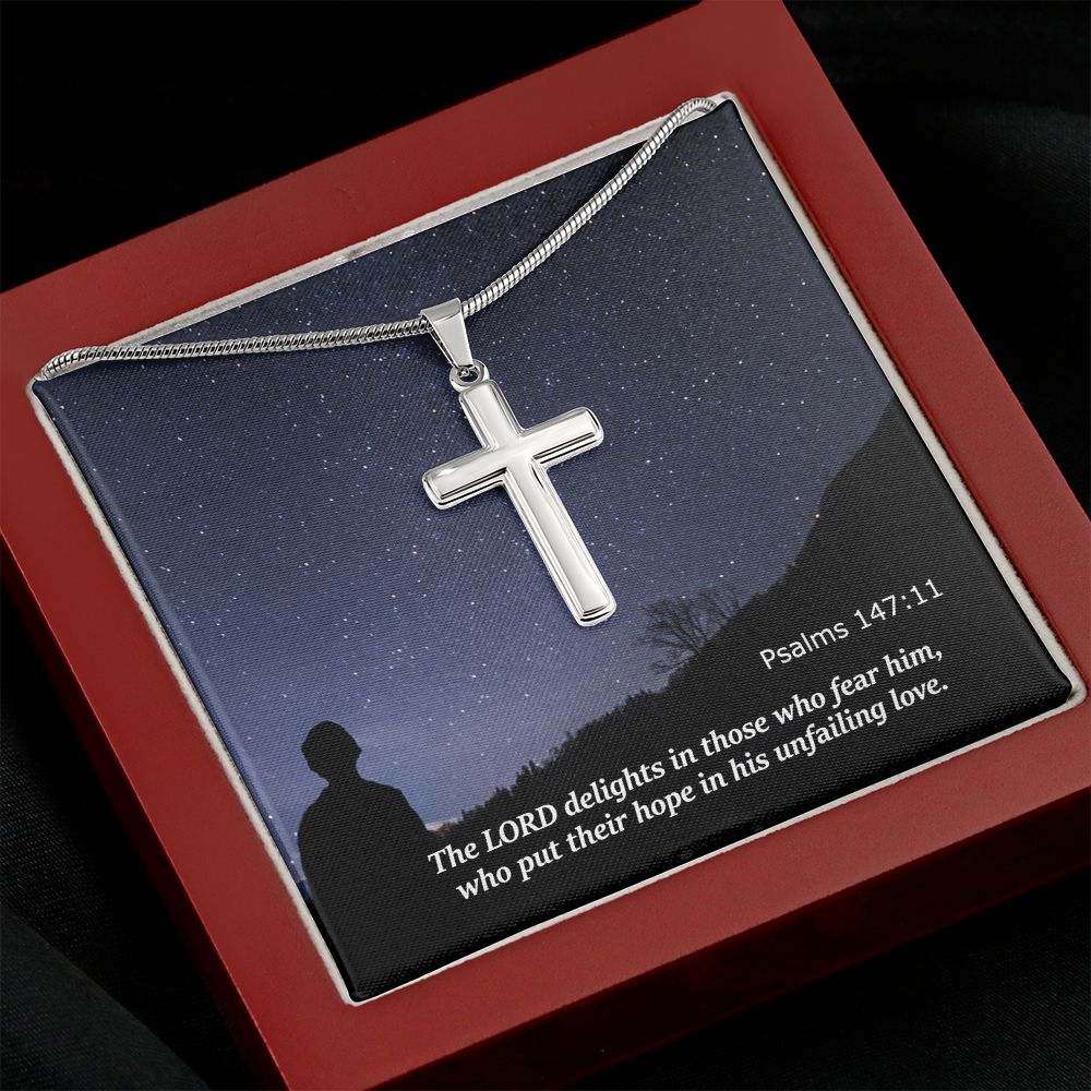 The LORD Delights In Those Who Fear Him - Stainless Cross Necklace with Message Card - Gift for Him