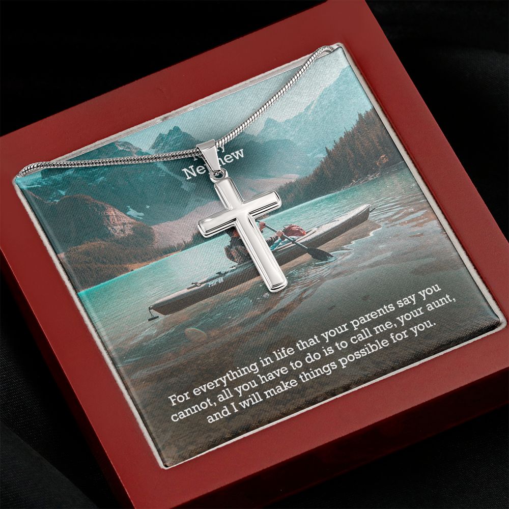 To My Nephew, Call Me, Your Aunt & I Will Make Things Possible For You - Stainless Cross Necklace with Message Card - Gift for Nephew