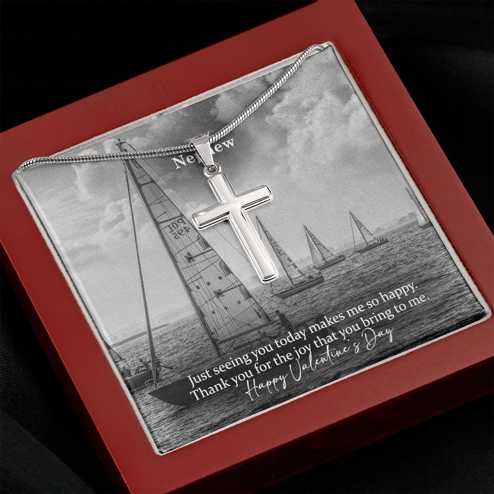 To My Nephew, Thank You For The Joy That You Bring To Me - Happy Valentine's Day - Stainless Cross Necklace with Message Card - Gift for Nephew