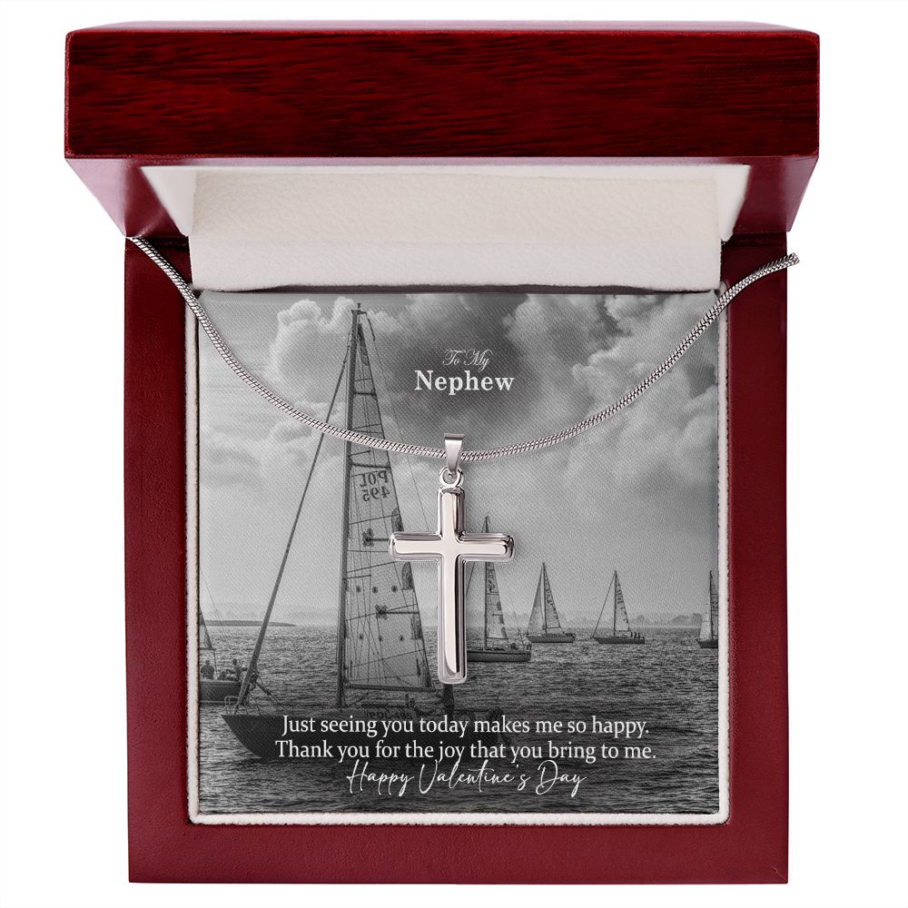 To My Nephew, Thank You For The Joy That You Bring To Me - Happy Valentine's Day - Stainless Cross Necklace with Message Card - Gift for Nephew